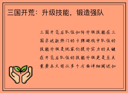 三国开荒：升级技能，锻造强队